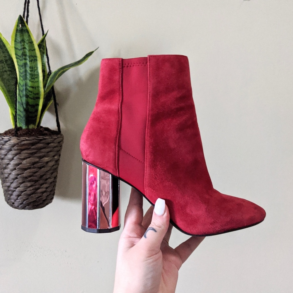 Aldo Red Suede Ankle Boots with Metallic Striped Heel